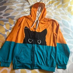 Blue and orange black cat zip-up hoodie. Size 2XL